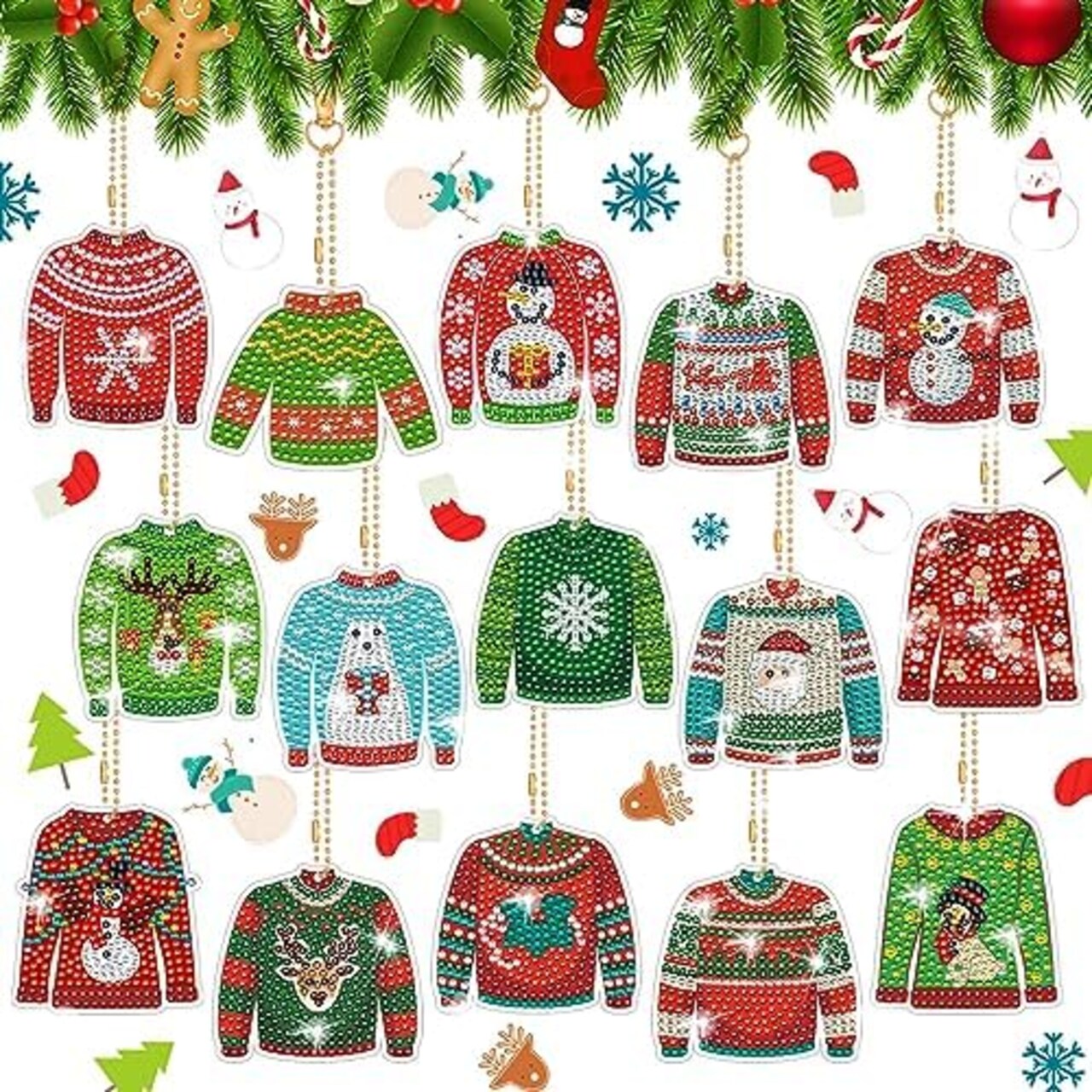 15 Pcs Christmas Ugly Sweater Diamond Painting Keychain 5d Double Sided Full Diamond Key Rings Diamond Painting Kits for Winter Christmas Hanging Ornaments for Crafts DIY Home Decor